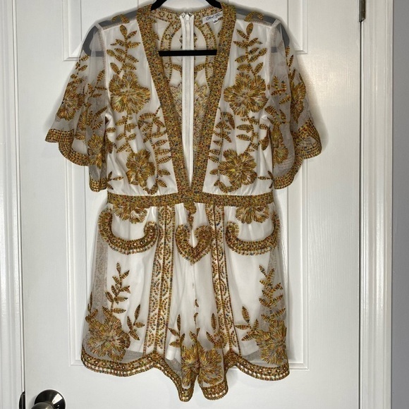 CREAM Nude Illusioned Embroidered Romper - Gold and Rainbow Embroidery - Picture 4 of 12